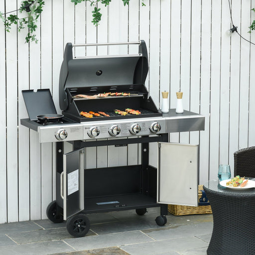 Image of a 4 Burner Gas BBQ with Side Burner With a Black Frame and Stainless Steel Front and Lid.