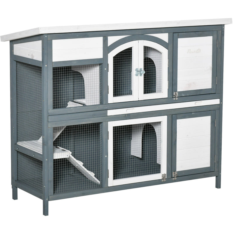 2 Tier Wooden Rabbit Hutch, Grey Pawhut