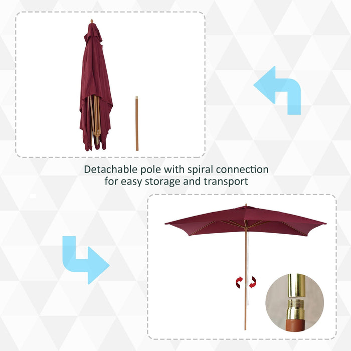 3m x 2m Wooden Garden Parasol - Wine Red