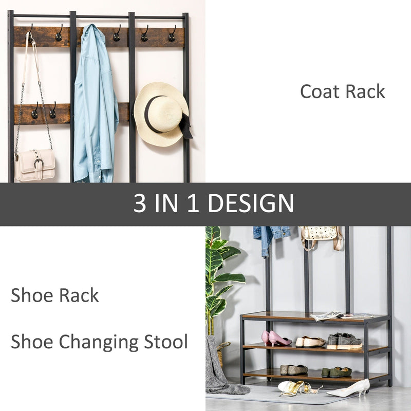 Rustic Brown Hall Tree Coat Stand, Bench, Shoe Rack