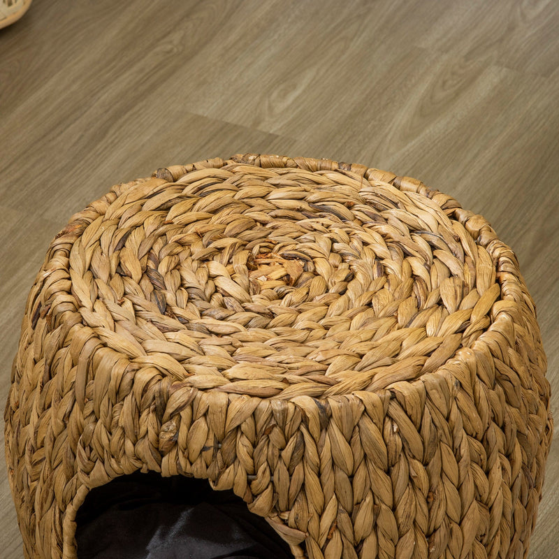 Water Hyacinth Grass Wicker Cat House Stool with Cushion