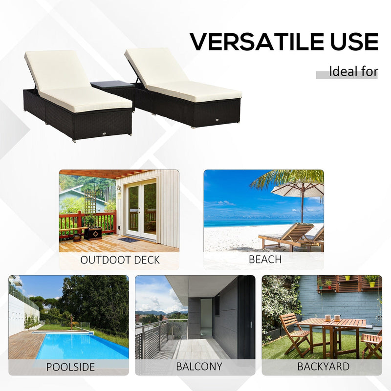 3PC Rattan Sun Lounger Sets, Side Table, Dark Coffee