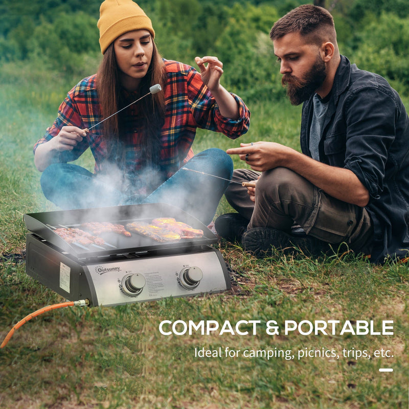 Outsunny Gas Plancha Grill with 2 Stainless Steel Burner, 6kW, Portable Tabletop Gas BBQ w/Non-Stick Griddle for Camping Picnic Garden Party Festival Outsunny