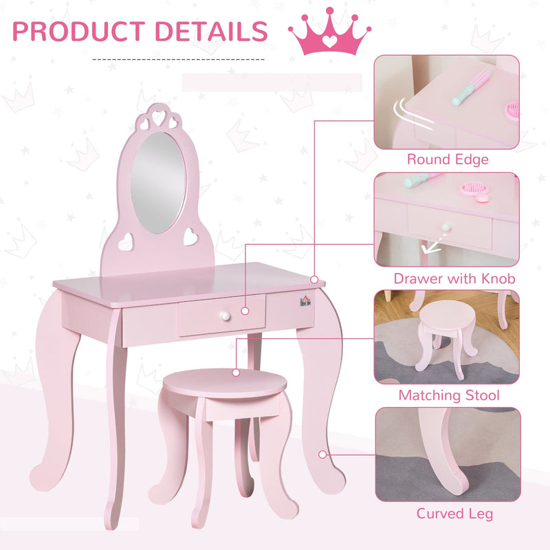 Kids Dressing Table and Stool Set with Mirror, Pink