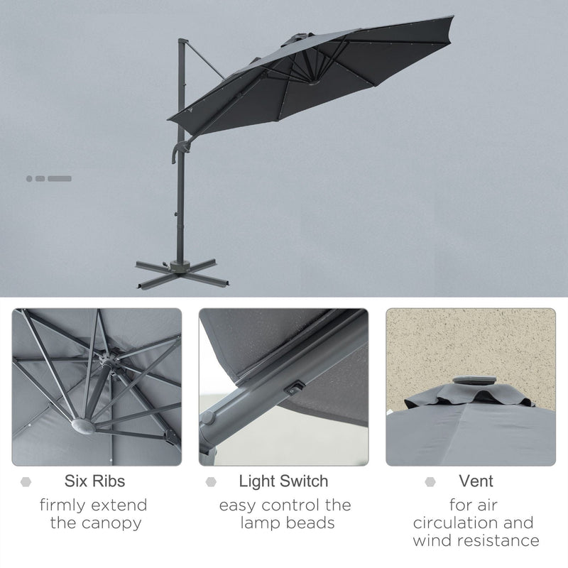 3m Roma Cantilever Parasol With Solar Lights, Grey