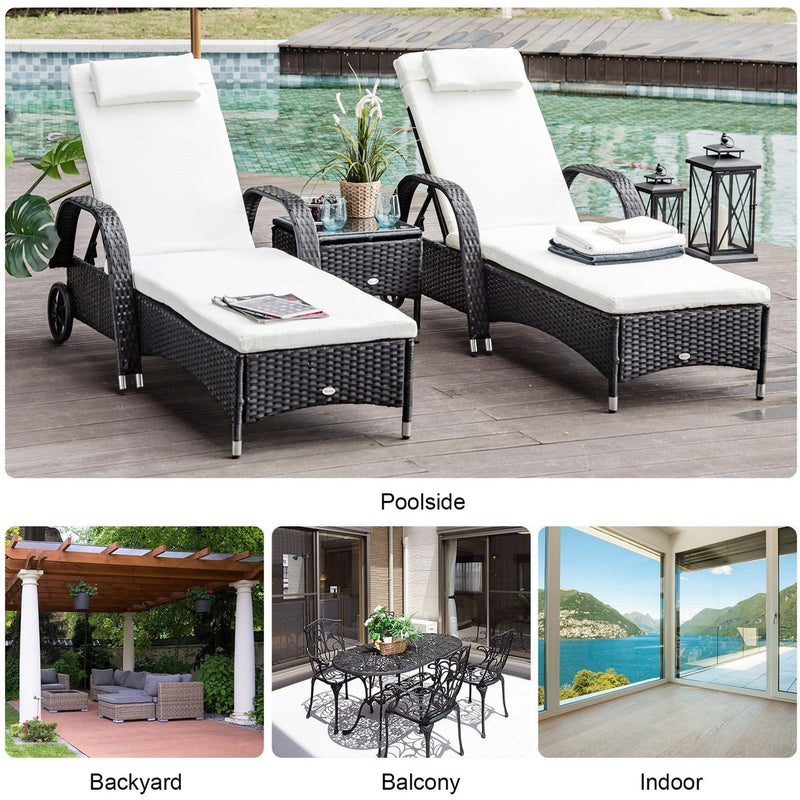 3pc Rattan Garden Lounge Set, Wheeled Loungers, Table