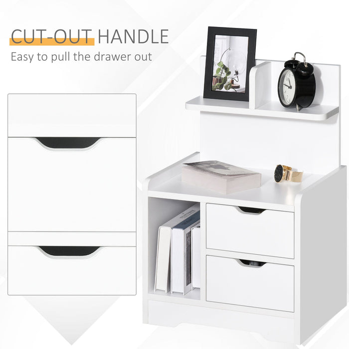 White Bedside Table, 2 Drawers & Storage Shelves