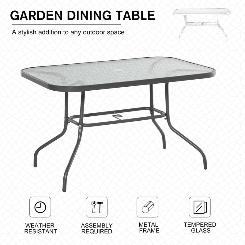 Outsunny Glass Top Garden Table Curved Metal Frame w/ Parasol Hole 4 Legs Outdoor  Balcony Sturdy Friends Family Dining Table  -Grey Outsunny