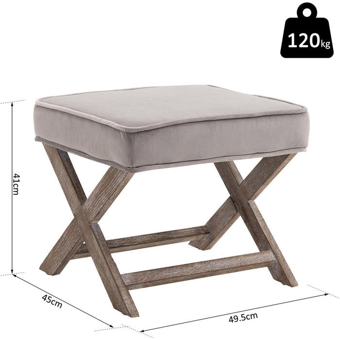 Shabby Chic Grey Velvet Footstool With X-Leg