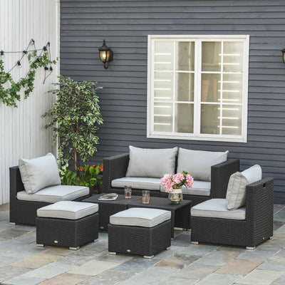 6 Seater Rattan Sofa Set - Space-Saving Sofa, Chairs & Table Outsunny