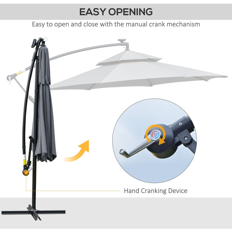 Outsunny 3(m) Cantilever Banana Parasol Hanging Umbrella with Double Roof, LED Solar lights, Crank, 8 Sturdy Ribs and Cross Base for Outdoor, Garden Outsunny