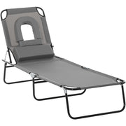 Outsunny Sun Lounger Foldable Reclining Chair with Pillow and Reading Hole Garden Beach Outdoor Recliner Adjustable Grey Outsunny