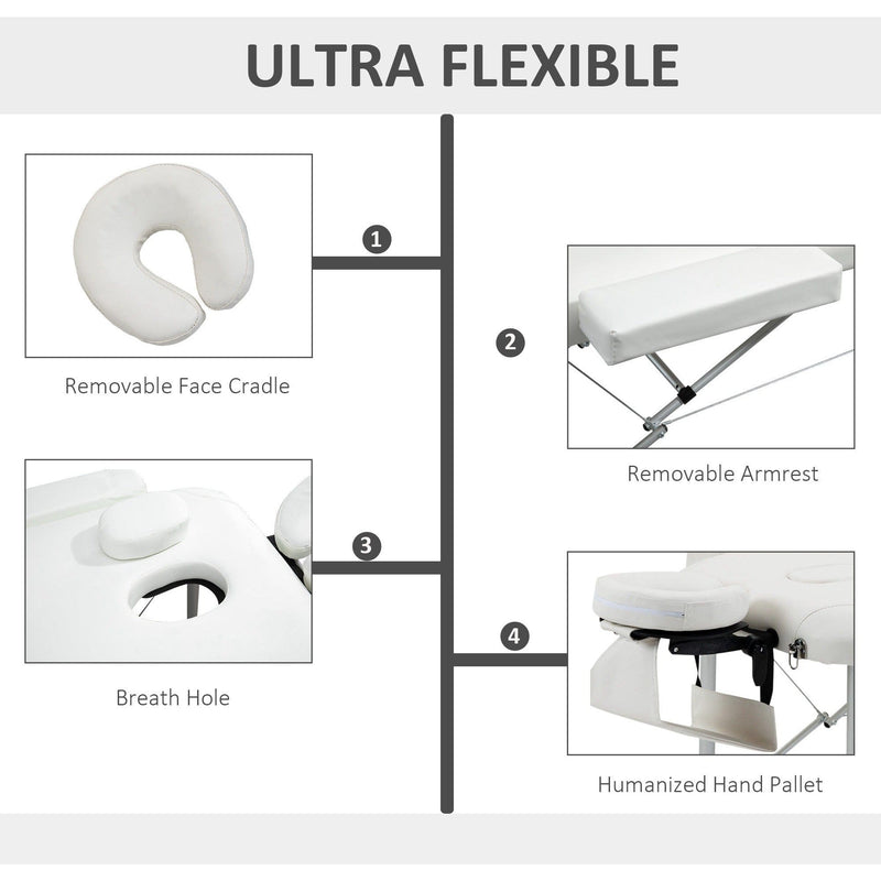 Folding Massage Table, Aluminium, Headrest, Armrests, White