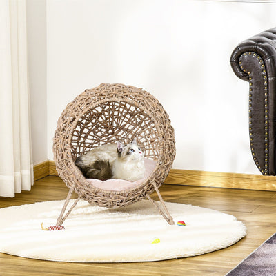 Elevated Wicker Cat Bed - Natural Wood Pawhut
