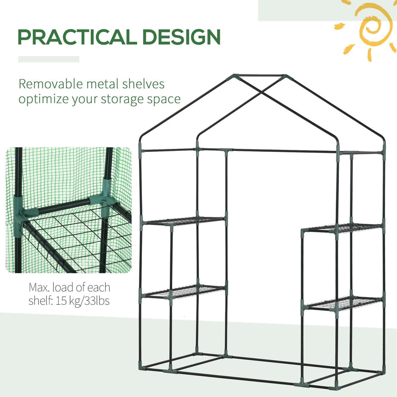 Small Walk In Greenhouse, 2 Tier Shelf, 141x72x191cm, Green