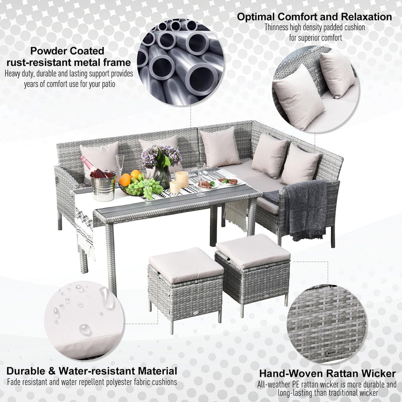 Stylish 6 Seat Garden Dining Set, Corner Sofa, Table & Stools Outsunny