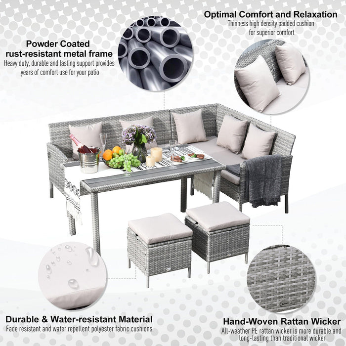 Stylish 6 Seat Garden Dining Set, Corner Sofa, Table & Stools