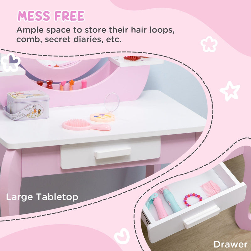 Pink Kids Vanity: Dressing Table, Mirror, Stool, Round Legs