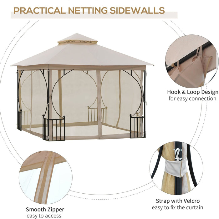 Metal Frame Gazebo With Privacy Curtains, Double Tier, 3x3m