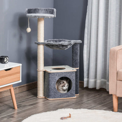 95cm Cat Condo With Hammock, Grey Pawhut