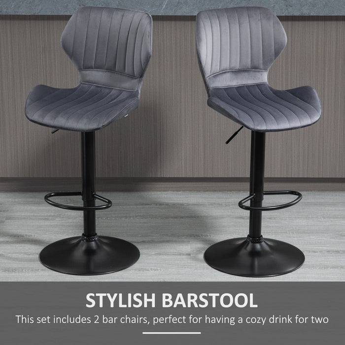 Set of 2 Velvet Swivel Bar Stools, Adjustable Height, Grey