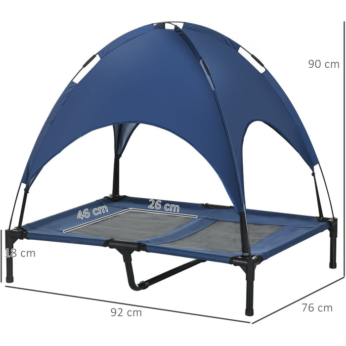 Large Raised Dog Bed with Canopy, Blue - (92x76x90cm)