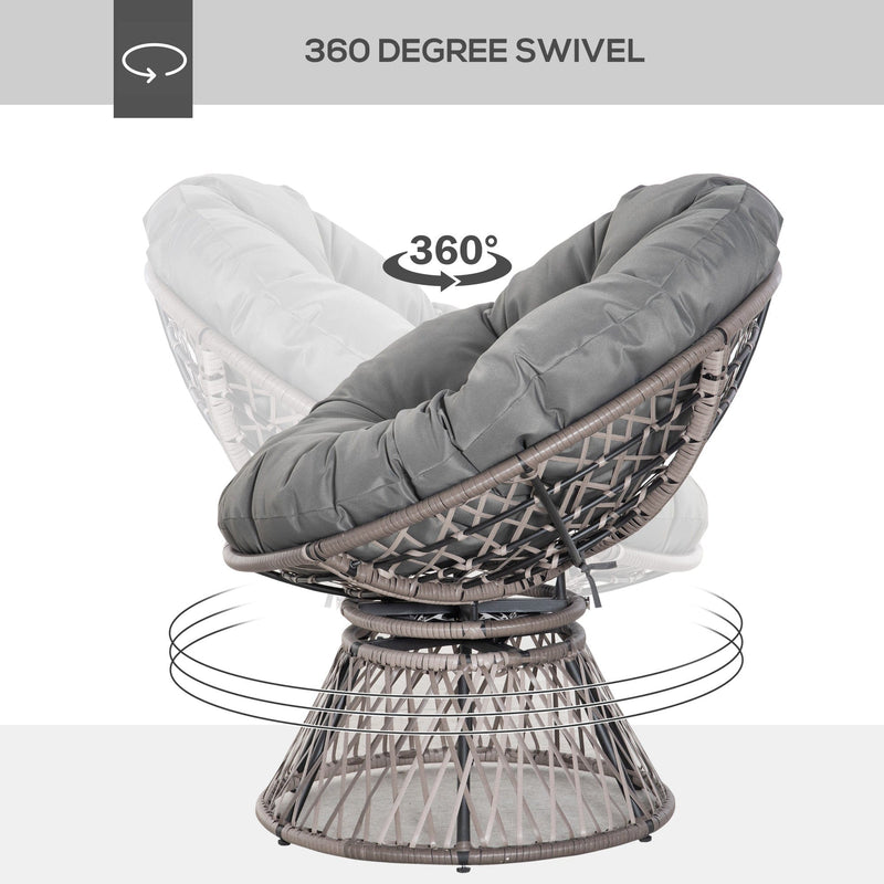 Outsunny 360° Swivel Rattan Papasan Moon Bowl Chair Round Lounge Garden Wicker Basket Seat with Padded Cushion Oversized for Outdoor Indoor, Grey Outsunny