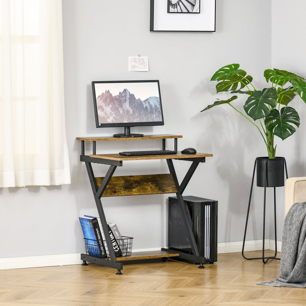 Buy R Shape Compact Desk with Monitor Shelf, Brown — Opal Retail