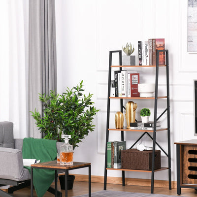 Vintage Ladder Shelf, 4-Tier Wood Bookcase, Plant Display Homcom