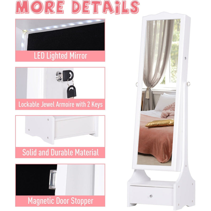 Mirrored Jewelry Cabinet, Full-Length Mirror, Flip-Over Shelf, Lock, White