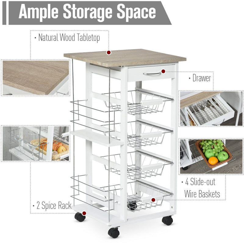 Kitchen Island on Wheels, 4 Baskets, 2 Racks