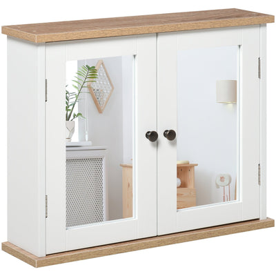 White Wall Mounted Bathroom Mirror Cabinet With Double Doors Kleankin