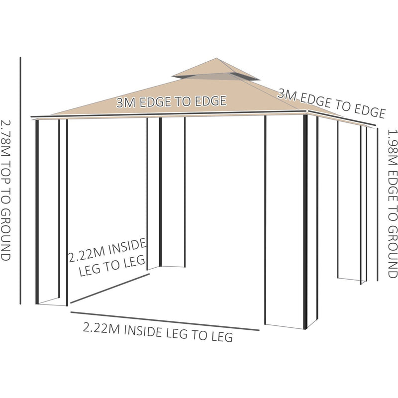 Stylish Metal Frame Gazebo With Mesh Sides, 3x3m