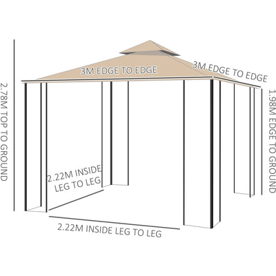 Stylish Metal Frame Gazebo With Mesh Sides, 3x3m Outsunny