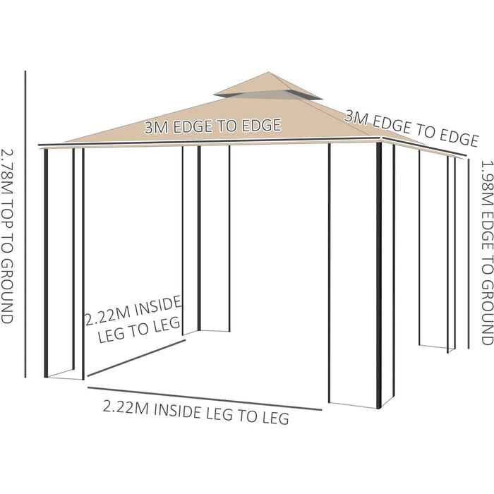 Stylish Metal Frame Gazebo With Mesh Sides, 3x3m