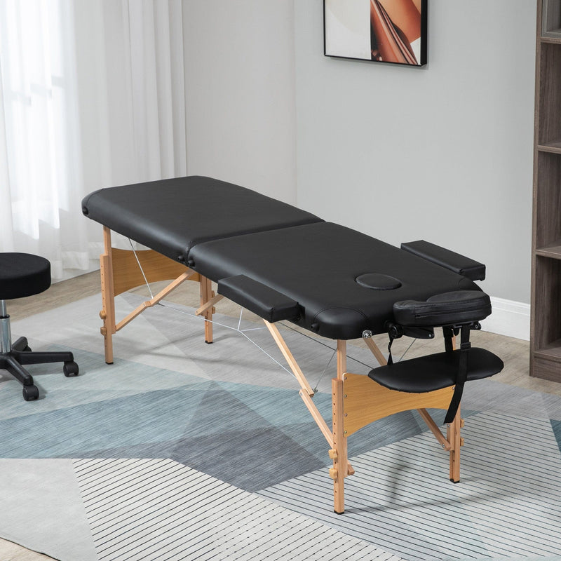 Black Portable Massage Bed, 2 Sections, Wooden Frame, Bag