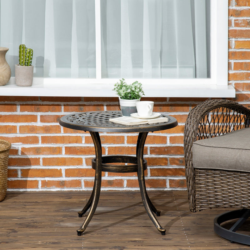 Outsunny Industrial Garden Side Table, Round Hollow Top Design Patio End Table with Cast Aluminum Frame, Bronze Outsunny