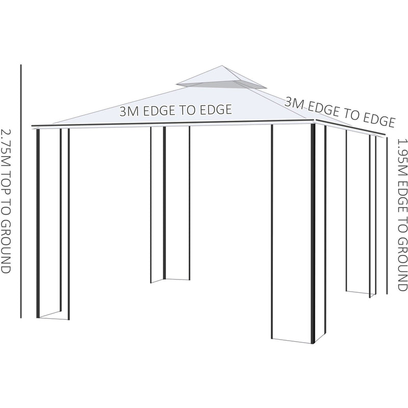Metal Frame Gazebo With Mesh Sides, Double Top Canopy, 3x3m