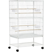 PawHut Large Bird Cage Aviary for Finch Canaries, Budgies with Rolling Stand, Slide-out Tray, Storage Shelf, Wood Perch, Food Containers, White Pawhut