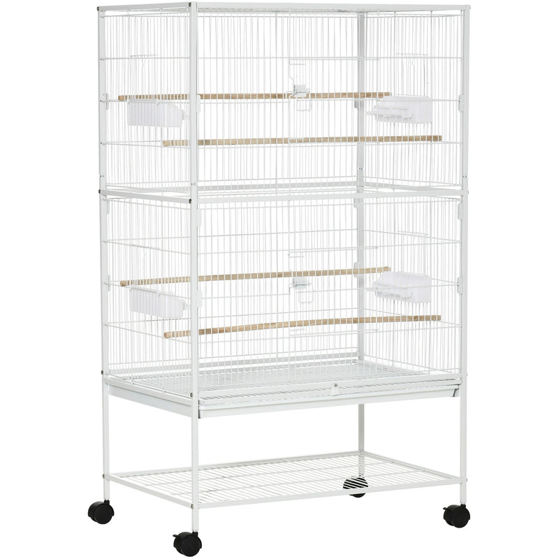 PawHut Large Bird Cage Aviary for Finch Canaries, Budgies with Rolling Stand, Slide-out Tray, Storage Shelf, Wood Perch, Food Containers, White Pawhut