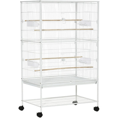 PawHut Large Bird Cage Aviary for Finch Canaries, Budgies with Rolling Stand, Slide-out Tray, Storage Shelf, Wood Perch, Food Containers, White Pawhut