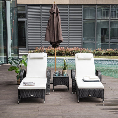 3pc Rattan Garden Lounge Set, Wheeled Loungers, Table Outsunny