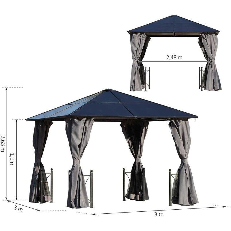3x3m Polycarbonate Hard Roof Gazebo For Gardens, Steel Frame, Curtains, Mosquito Nets, Black Outsunny