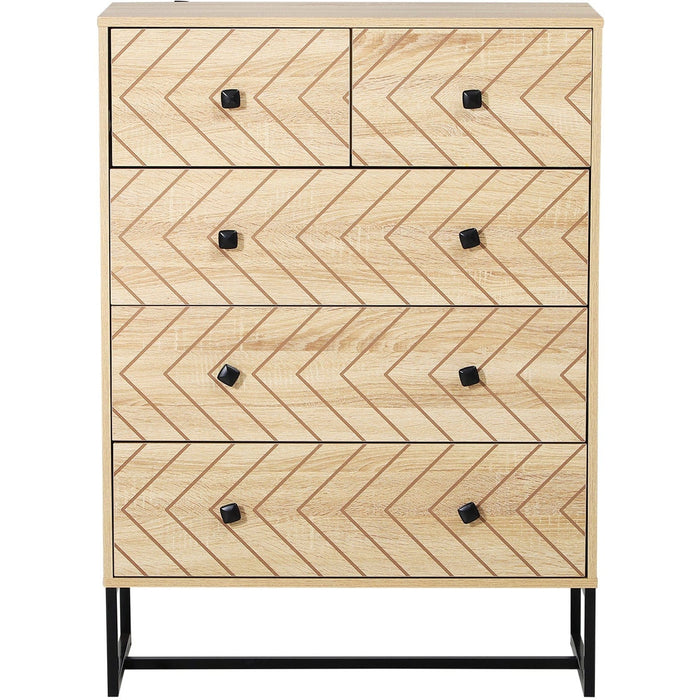 Unique 5 Drawer Chest, Zig Zag Design, Black Metal Handles