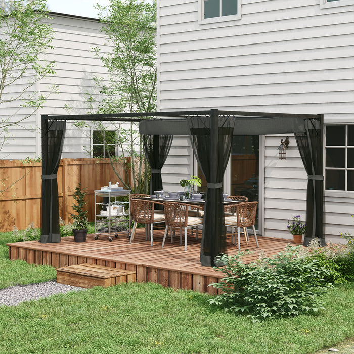 A stylish modern pergola on a deck with modern garden furniture beneath.