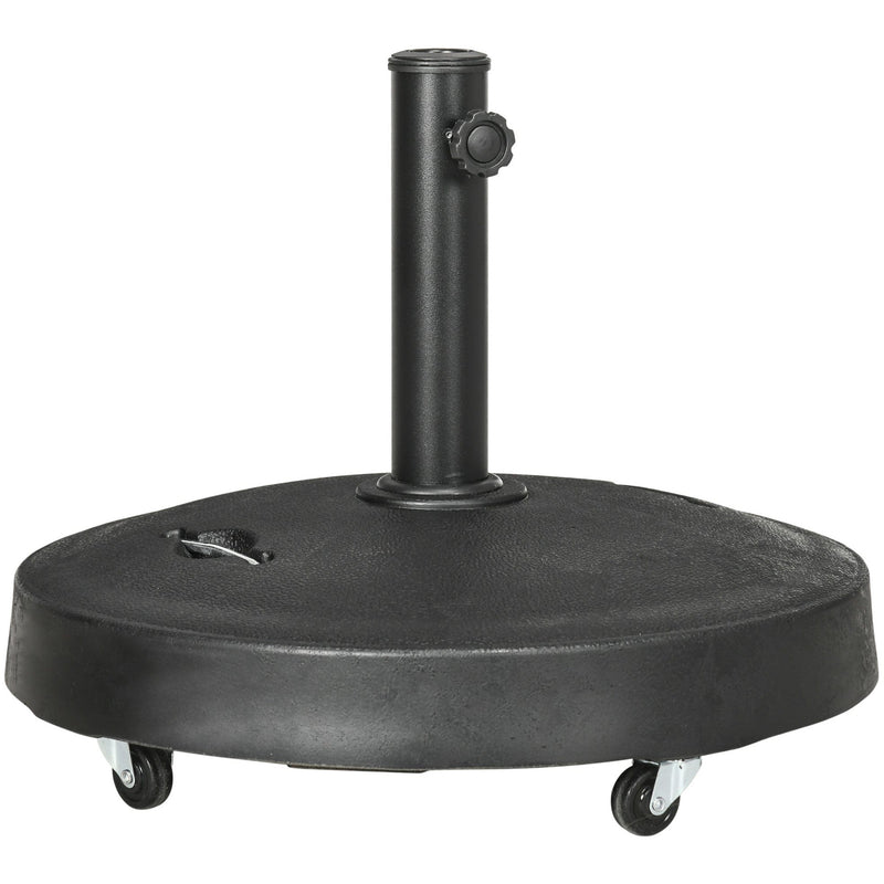 Outsunny Resin Garden Parasol Base with Wheels and Retractable Handles, Round Outdoor Market Umbrella Stand Weight for Poles of Φ38 - Φ48mm, Black Outsunny