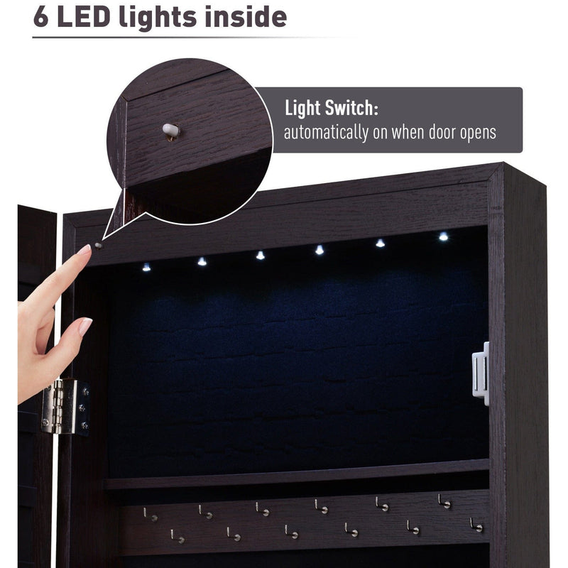 Mirrored Jewelry Cabinet, Door/Wall Mount, LED Lights, Lockable
