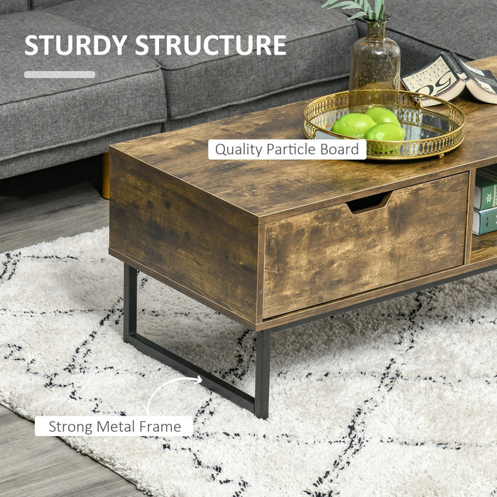 Industrial Coffee Table with Shelf, Drawer - Rustic Brown