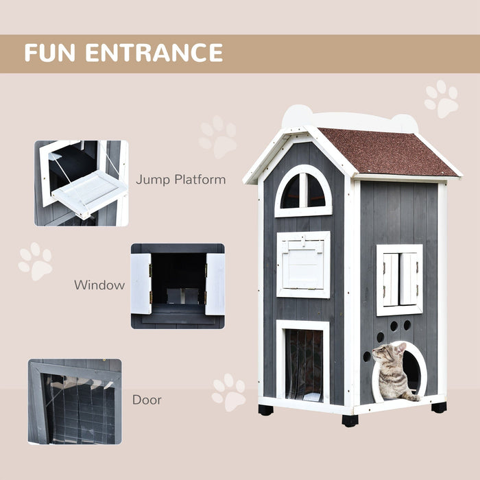 Wooden Cat Shelter, 2 Floors - Grey & White