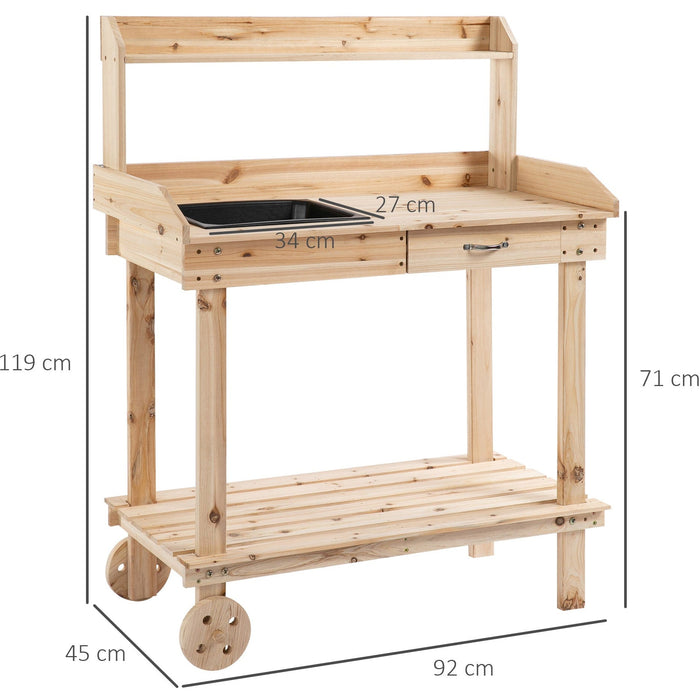 Wooden Potting Bench, Wheels, Sink, Drawer